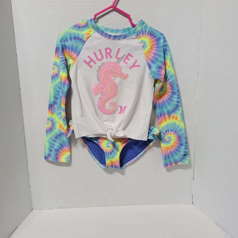 Hurley Girls 4T Tie Dye Rash Guard Bikini Set Seahorse Long Sleeve